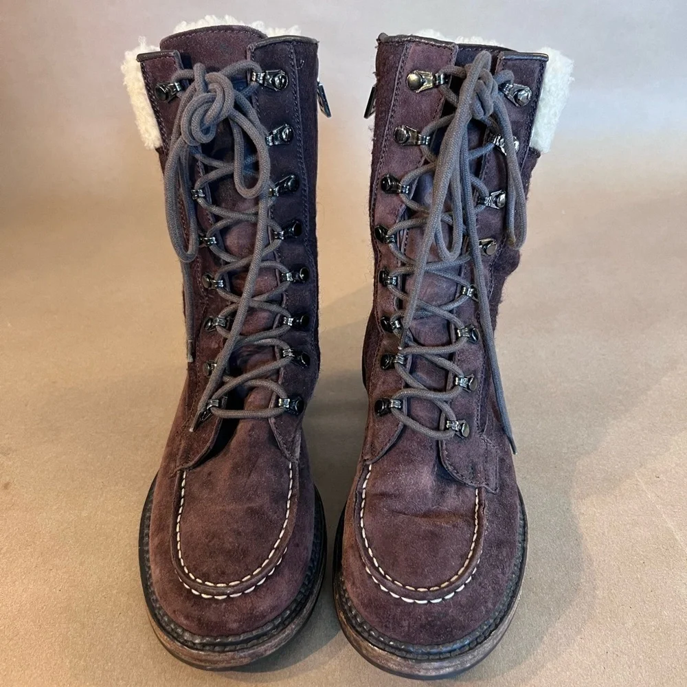 Chanel Brown Suede Leather CC Logo Shearling Combat Lace Boots Size EU 36 US 5.5